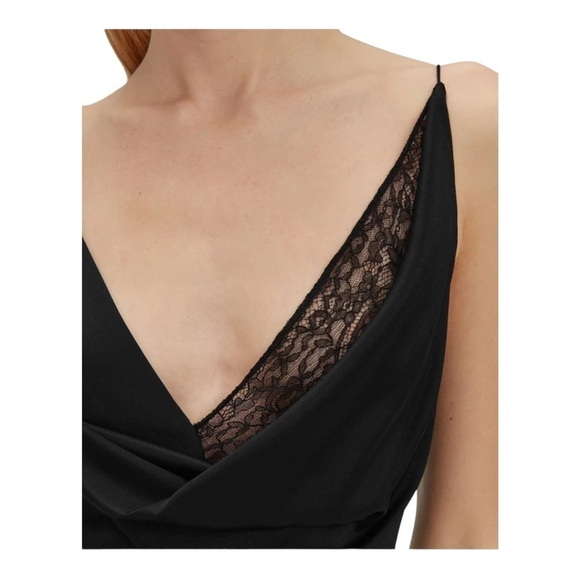 NWT CUSHNIE Black Lace Trim Wrap Around Midi Silk Slip Dress Size 10 - Picture 4 of 11